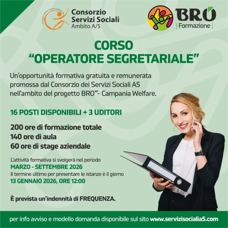 Locandina del corso gratuito Operatore Segretariale – progetto BRO Campania Welfare