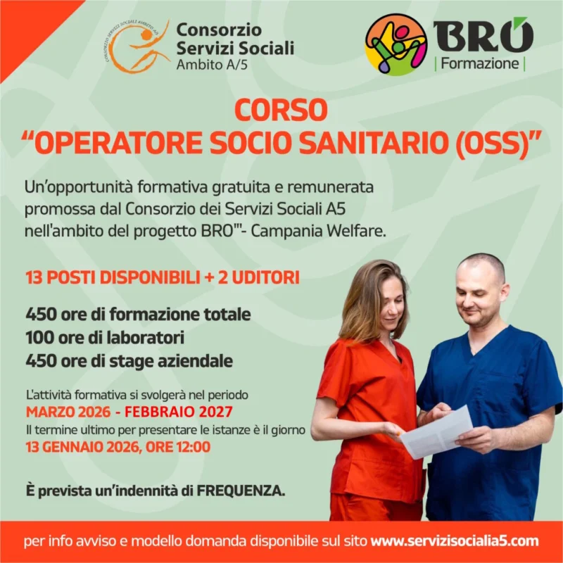 Locandina del corso gratuito Operatore Socio Sanitario (OSS) – progetto BRO Campania Welfare