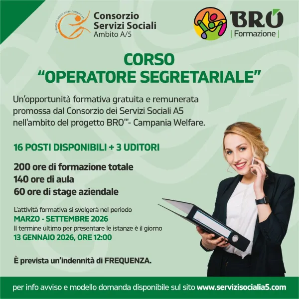 Locandina: corso gratuito Operatore Segretariale, progetto BRO – Campania Welfare