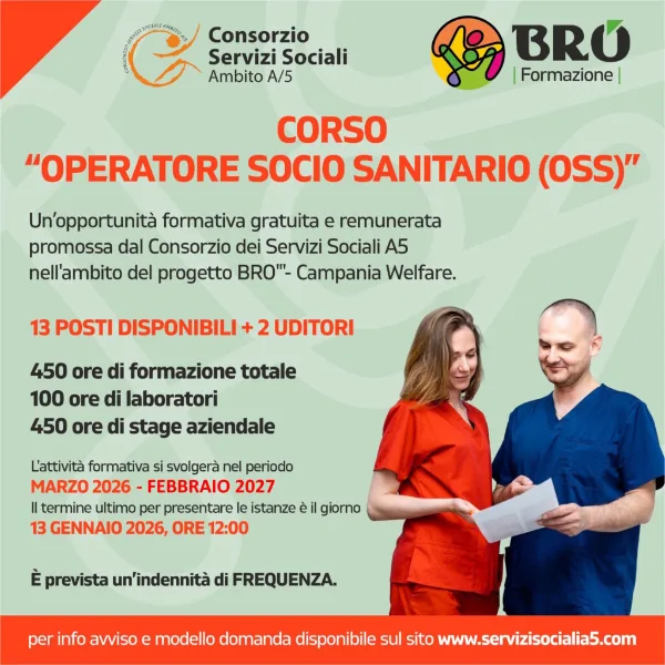 Locandina: corso gratuito Operatore Socio Sanitario (OSS), progetto BRO – Campania Welfare